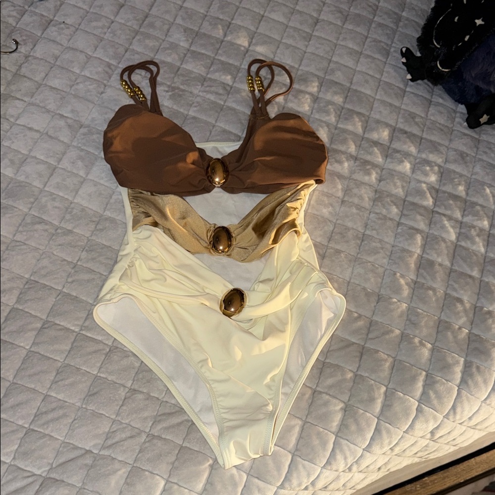 SHEIN Brown, Gold, Cream One-Piece Swimsuit